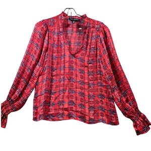 AQUA x PENDLETON Red Blue Geometric Print Ruffle Sleeve Mock Neck Blouse Size S